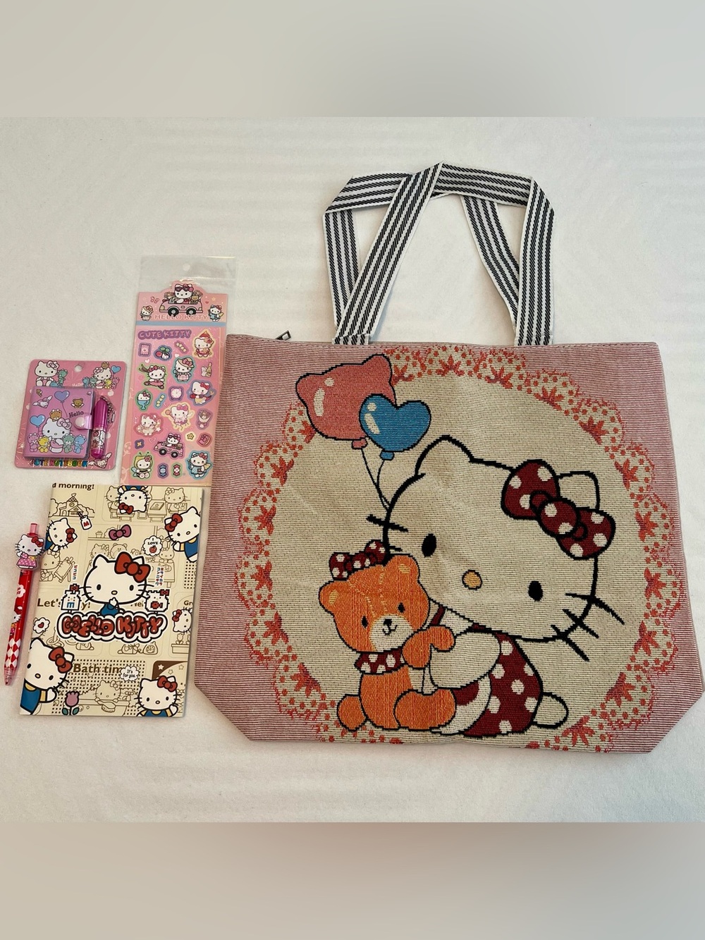 Hello Kitty Bundle of Large Woven Canvas Tote Bag w/ Zipper & Stationary Items
